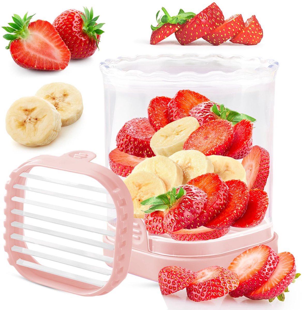 Eenvoudige fruit- en aardbeien snijder met verwisselbare messen, Roze