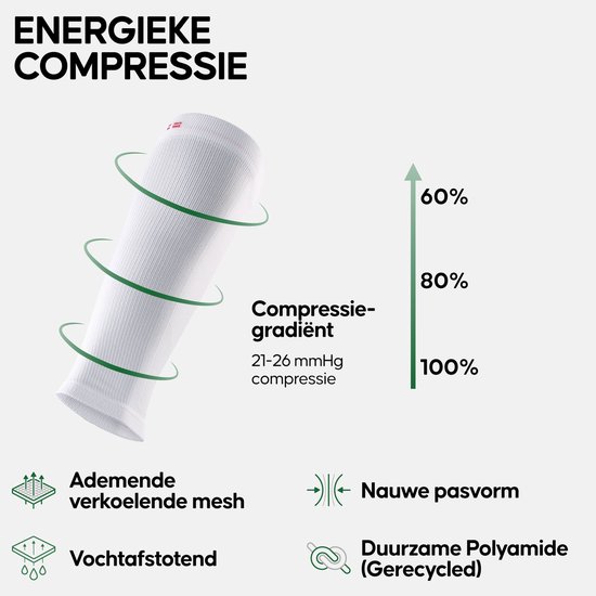 Witte compressiekous zonder voet met groene lijnen die compressie aangeven. Ademend mesh en vochtafstotend.