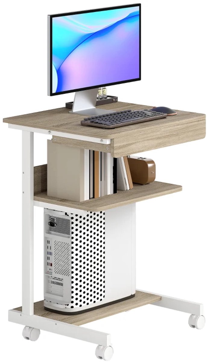 Bureau met Lade, Planken & 4 Wielen - Verrijdbaar Bureau - Computerbureau - Computer Tafel - Bureautafel - Desk - Game Bureau - Eiken + Wit