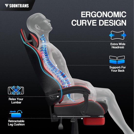Gaming Stoel - Comfortabele Fauteuil - Ontspannen Zitten - Met Massagefunctie - 135 kg Belastbaar - Rood — afbeelding 4