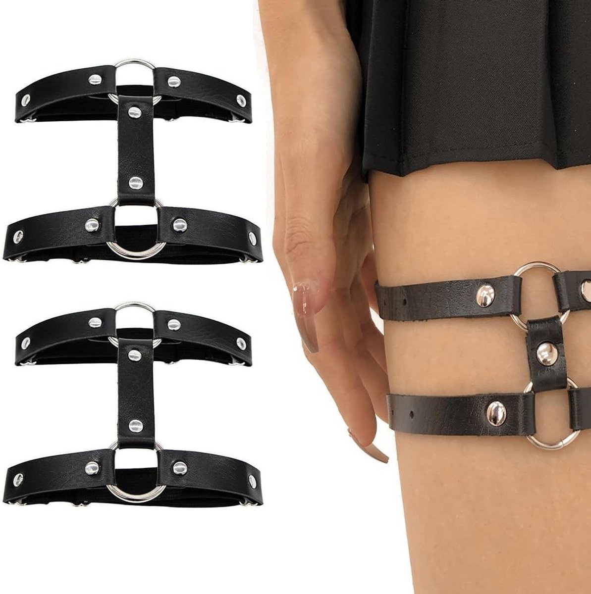 Set van 2 Verstelbare Zwarte Leren Kousenbanden - Gothic Dubbel Laag, Antislip Clips voor Feestjes, Halloween en Cosplay Accessoires