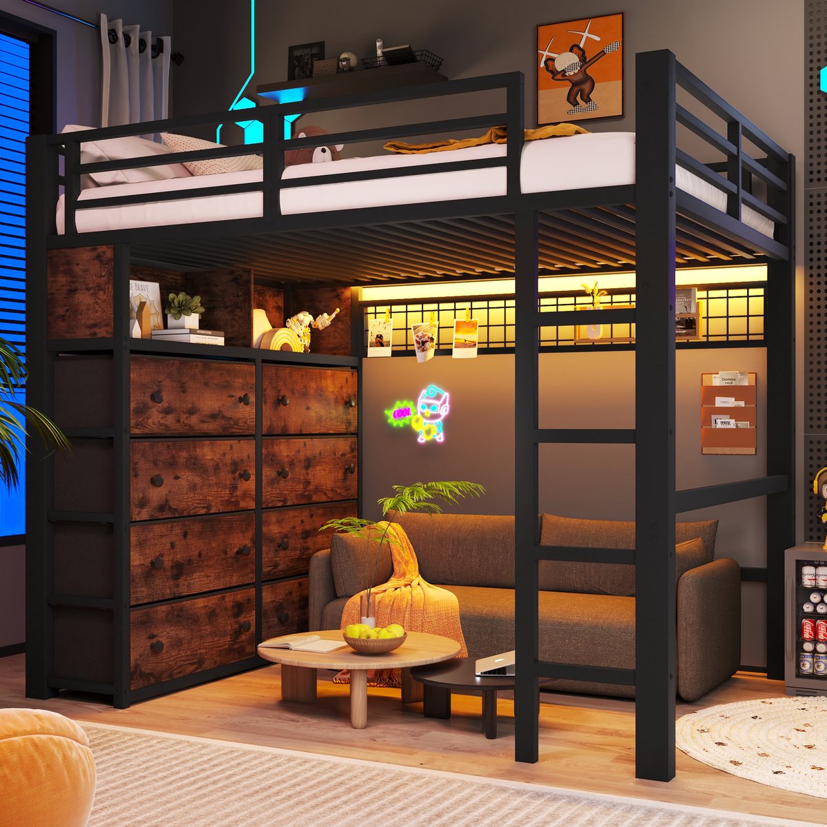 Kinderbed, Tweepersoonsbed, Hoogslaper Van 140X200 cm Met 8 Lades, Metalen Hoogslaper Voor Kinderen Met Ledverlichting, Planken, Een Prikbord En Veel Opbergruimte Onder Het Bed,Zwart