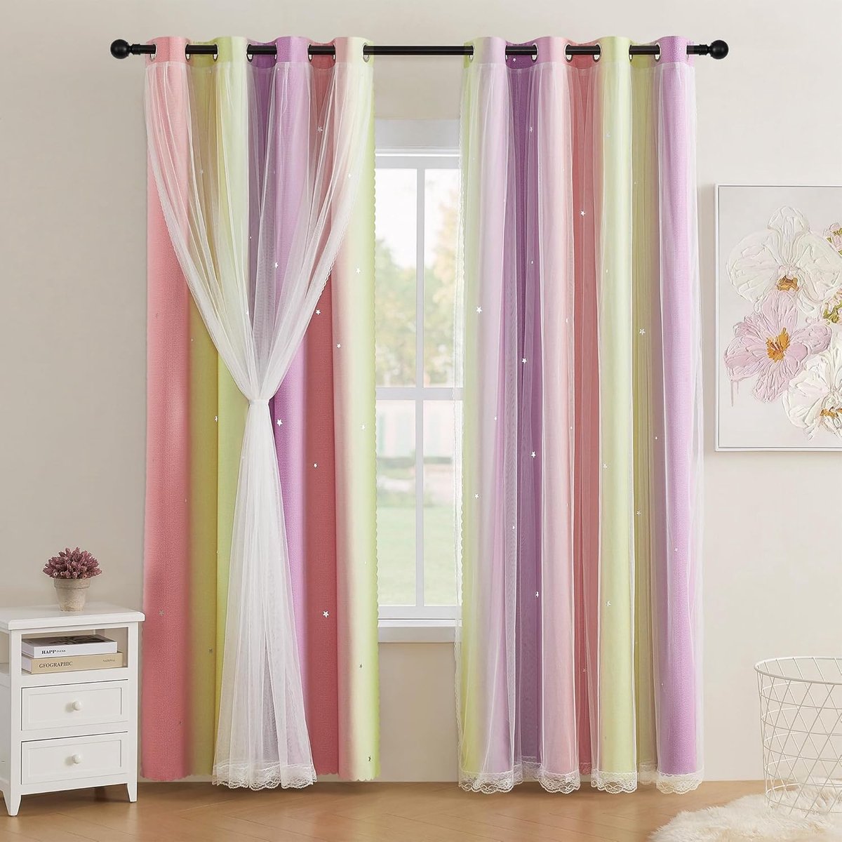 Thermische isolatie sterrensluier lichtfilter verduistering | roze-geel-violet 132 x 183 cm voor erkers met gatenpanelen en dubbele textuur Pin/Ye/Pur/132/183/2