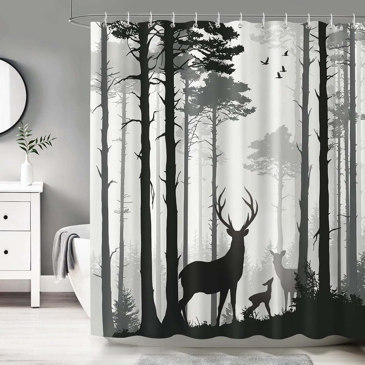 Deer Forest Douchegordijn, rustieke dennenbomen Badkamergordijn Waterdicht schimmelbestendig stof met 12 haken, 180 x 180 cm