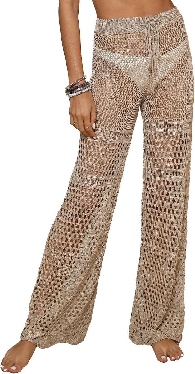 Dames bikini cover-up broek transparant mesh strandbroek gehaakt gebreide lange broek hoge taille elastisch strand broekje