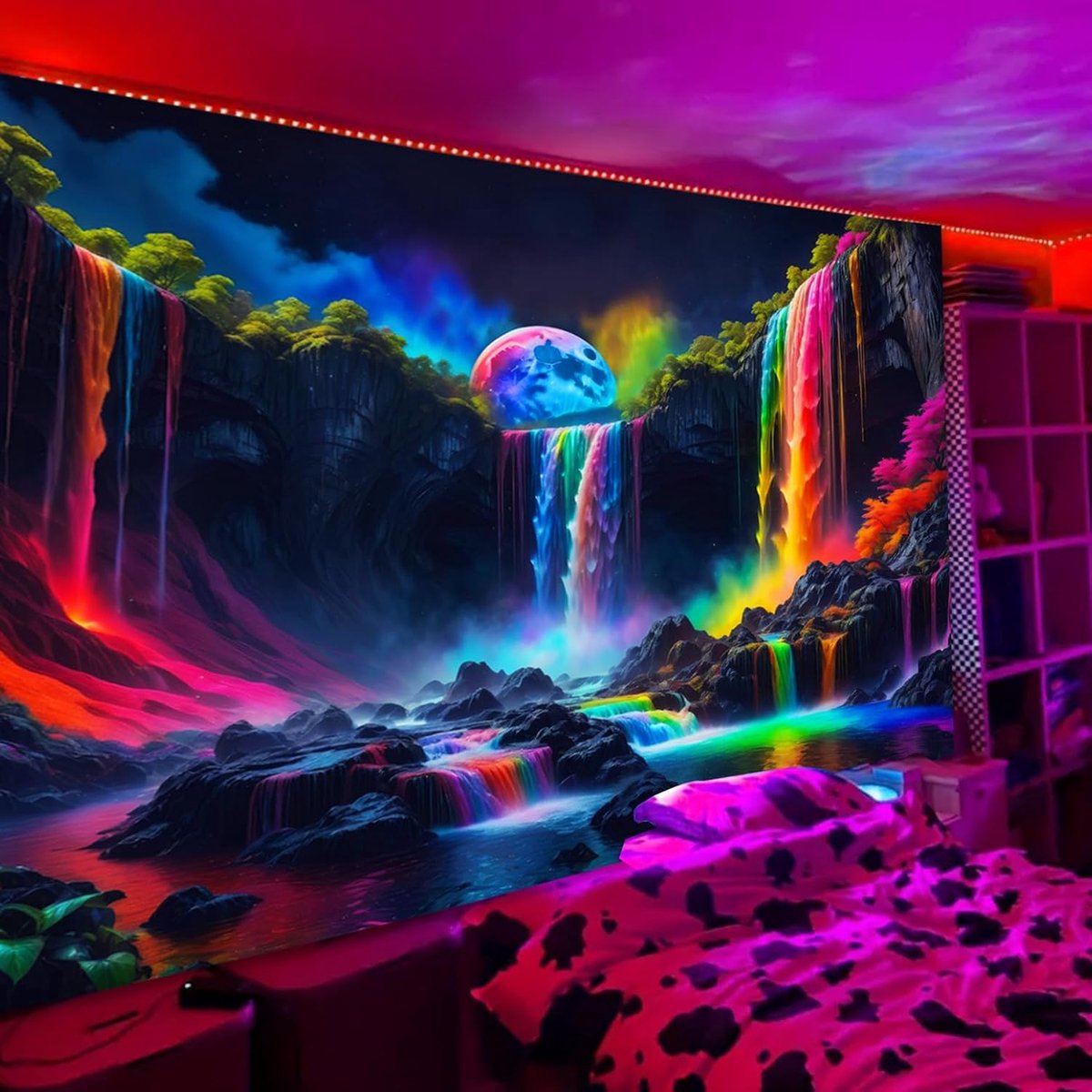 Blacklight Fantasie Waterval Planeet Tapijt, UV-Reactief Natuur Wandkleed, Neon Landschap Berggolf Muurdecoratie - 180 x 300cm