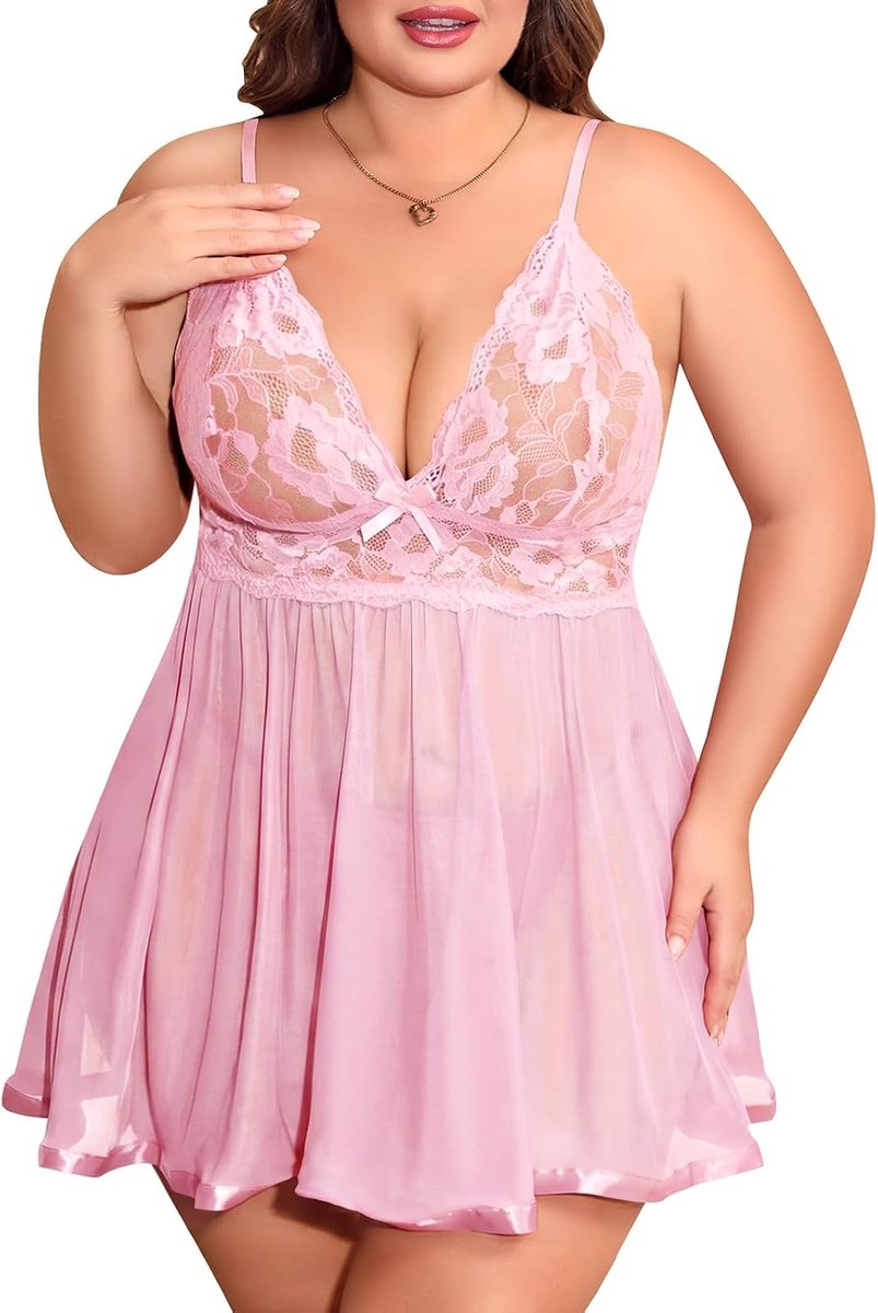 Lingerie nachthemd dames sexy ondergoed grote maten vrouwen babydoll kant sexy lingerie V-hals jarretelhouder nachtjurk Xl-4xl met string