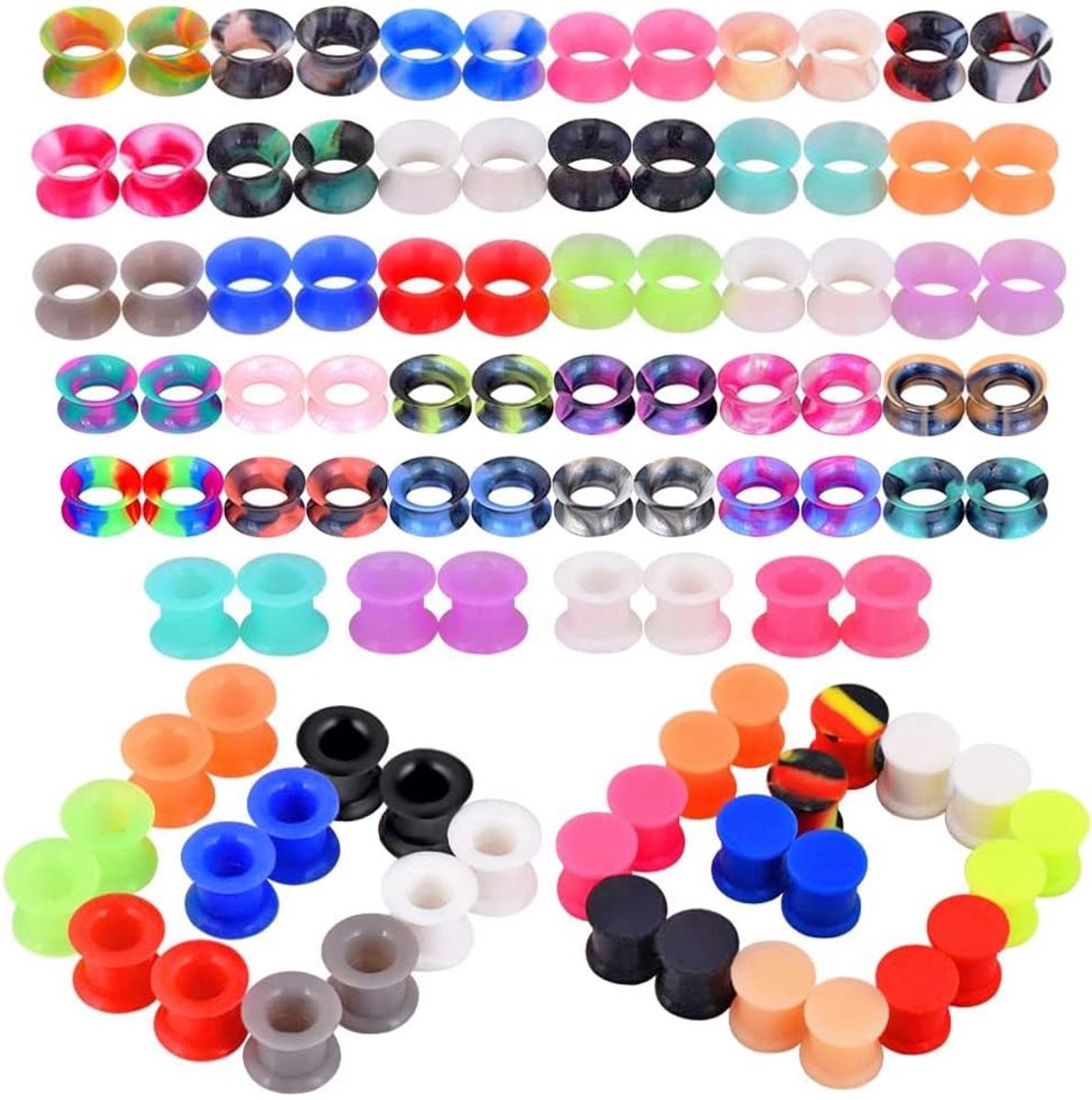 50 paar kleurrijke siliconen oordopjes set oorplugs double flared oortunnels stretchers oor piercing sieraden 6 mm - 16 mm