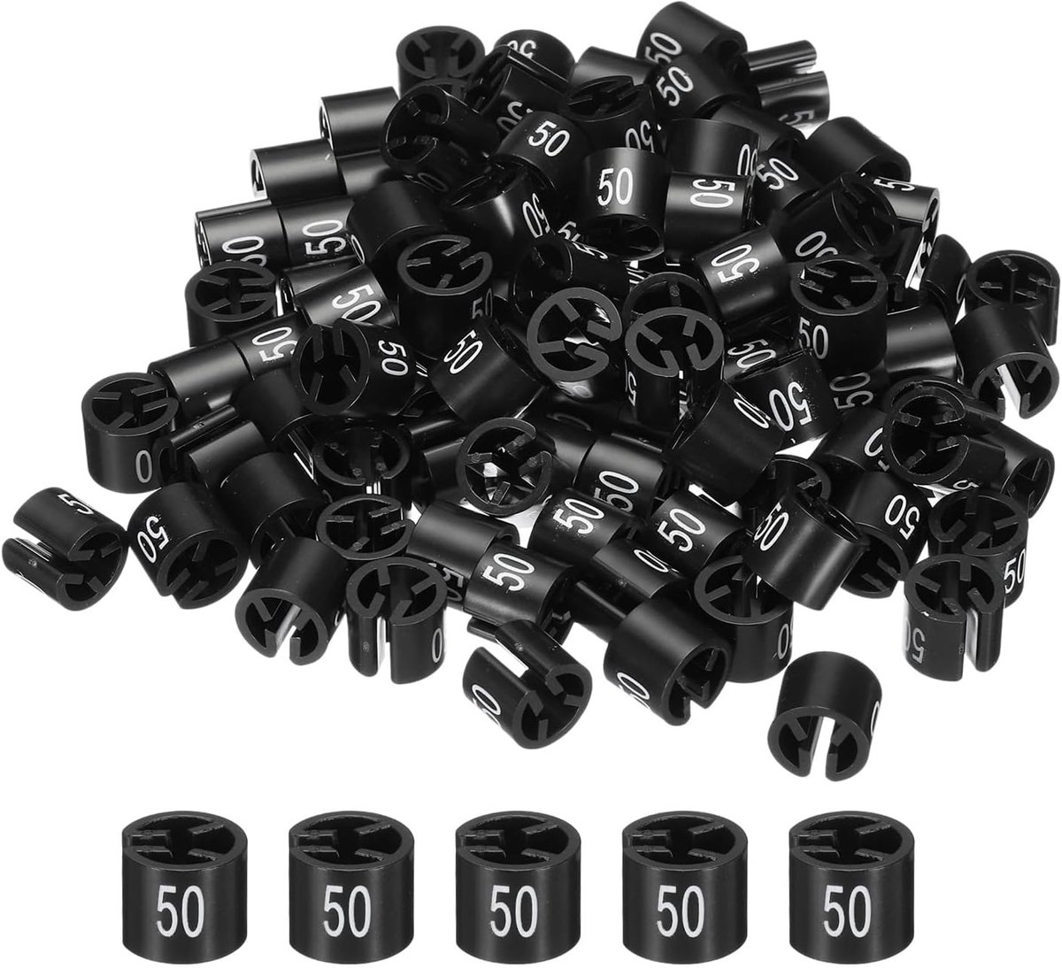 Kleerhangermarker, gekleurde kledingmaatmarkeringen, etiketten voor kledingstukken (nummer 50, zwart) voor kleurcodering van kleding, verpakking van 100 stuks