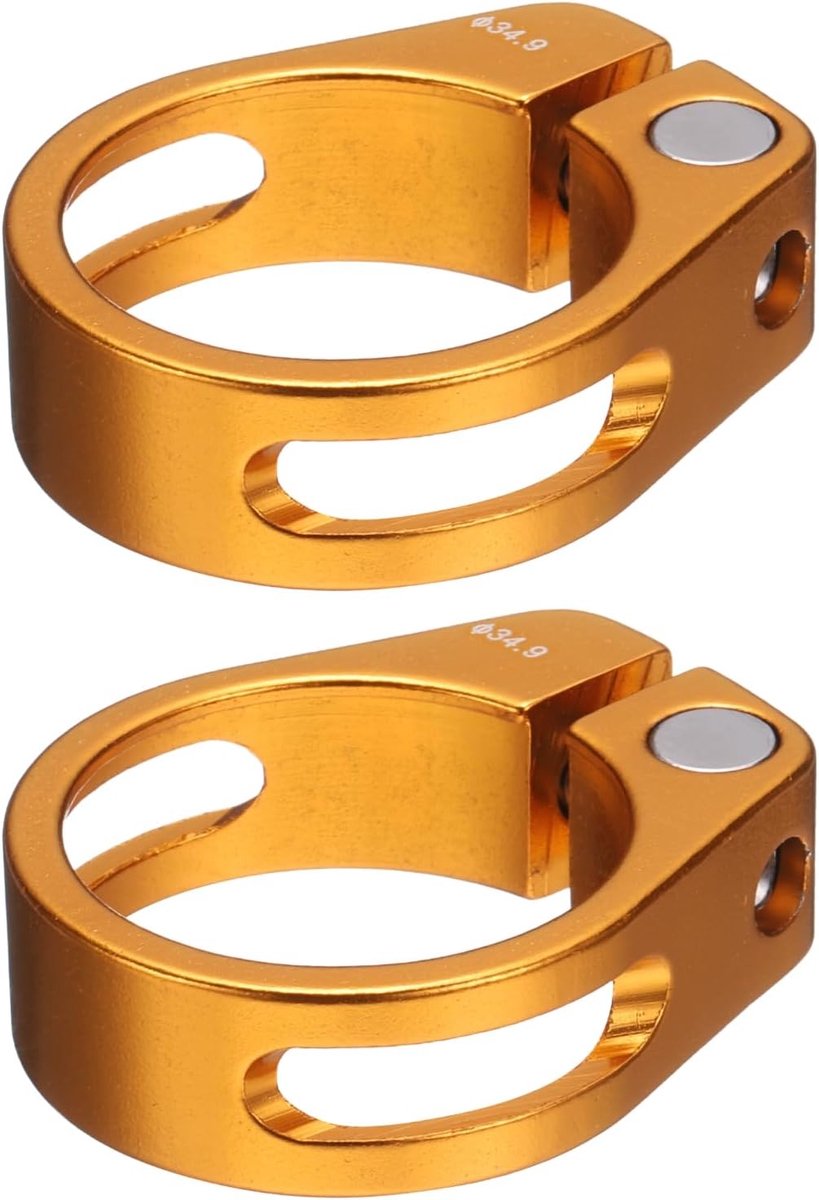 Fietszadelsteunklem, 2 stuks, 34,9 mm, aluminiumlegering, fietszadelsteunring met M4-binnenzeskantschroef voor 30,4 tot 31,6 mm fiets, racefiets, steunbuis, goud
