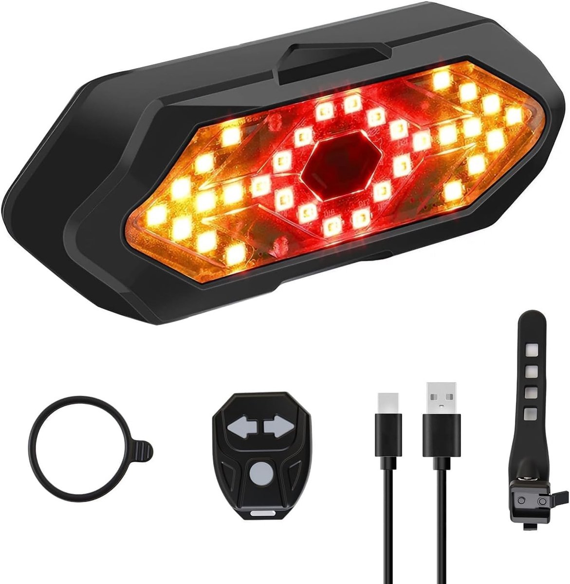 Fietsachterlicht met LED-knipperlicht - Zwart - 94 x 32,5 x 26 mm - Oplaadbaar met USB en Draadloze Afstandsbediening - Voor Fietsers