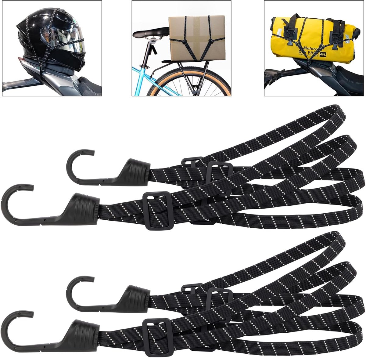 Bagagebanden voor motorrijders, bungeekoorden met haken, elastisch bundykoord (2 strips, reflecterend effect, 60 cm)