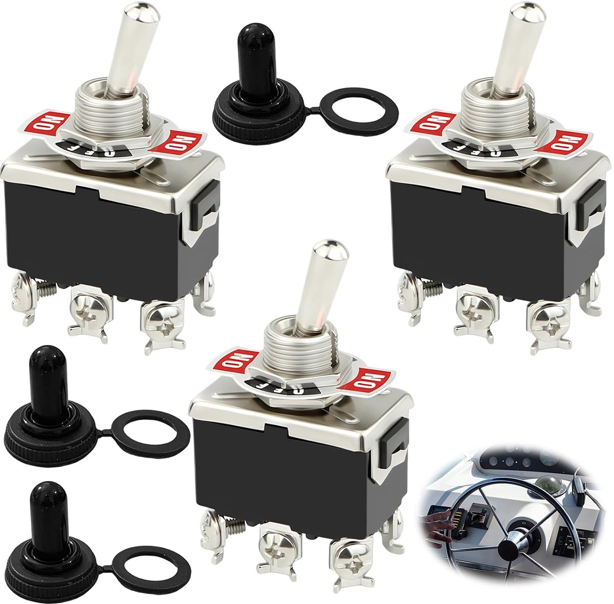 3 stuks 6 pins/3 posities ON/OFF/ON metalen tuimelschakelaar, heavy duty tuimelschakelaar, 250 V/15 A, met waterdichte dop voor auto, vrachtwagen, boot