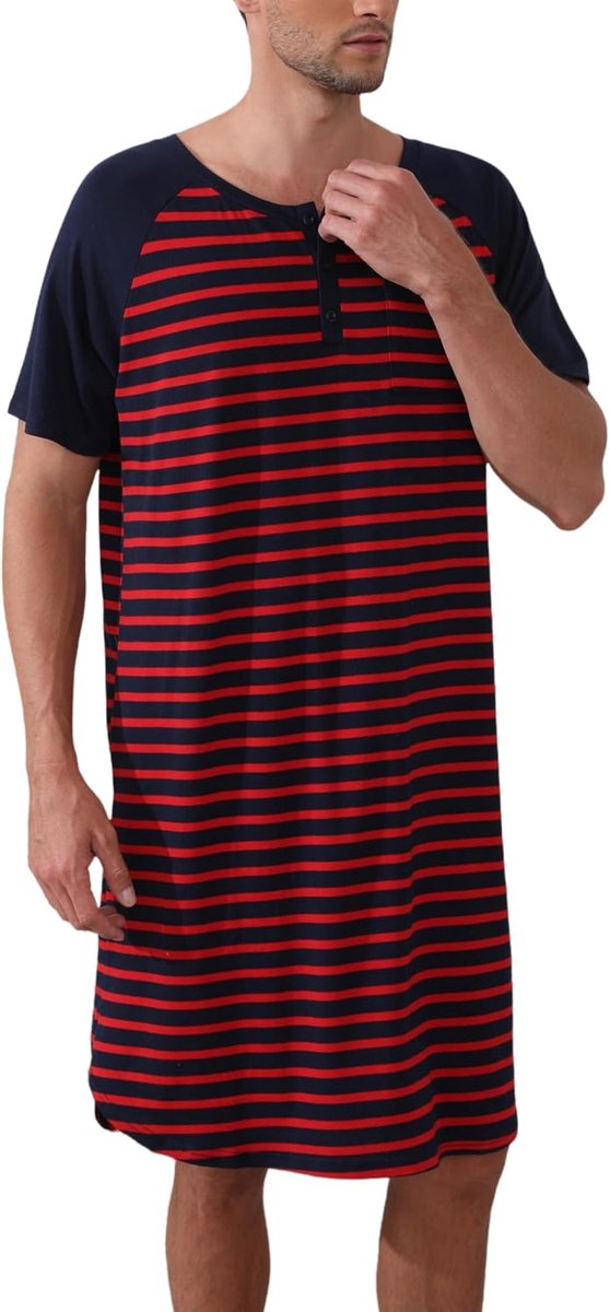 Nachthemd voor heren, pyjama-tops, T-shirt, knielang, V-hals, met knopen, korte mouwen, binnenkleding, zacht, comfortabel, grote maat M-4XL