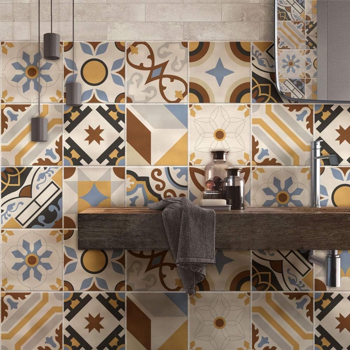 Tegelstickers Badkamer en Keuken 24 Pcs 10x10 cm - PS00212 Wanddecoratie van PVC Waterbestendig Tegels Mozaïek Cementtegels in Azulejos-stijl | PVC-materiaal, waterdicht, krasbestendig, wanddecoratie, zelfklevend, gemaakt in Italië