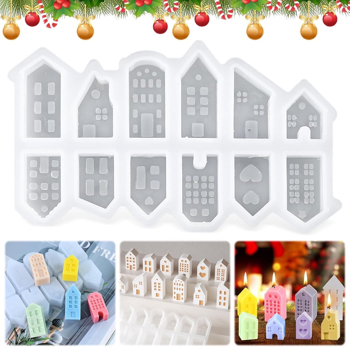 Gietvormen huizen, 12 stuks siliconen vormen Kerstmis, mini siliconen mal huis gips om te gieten, gietvorm huis, Kerstmis gietvormen siliconen, voor het maken van kaarsen handgemaakt