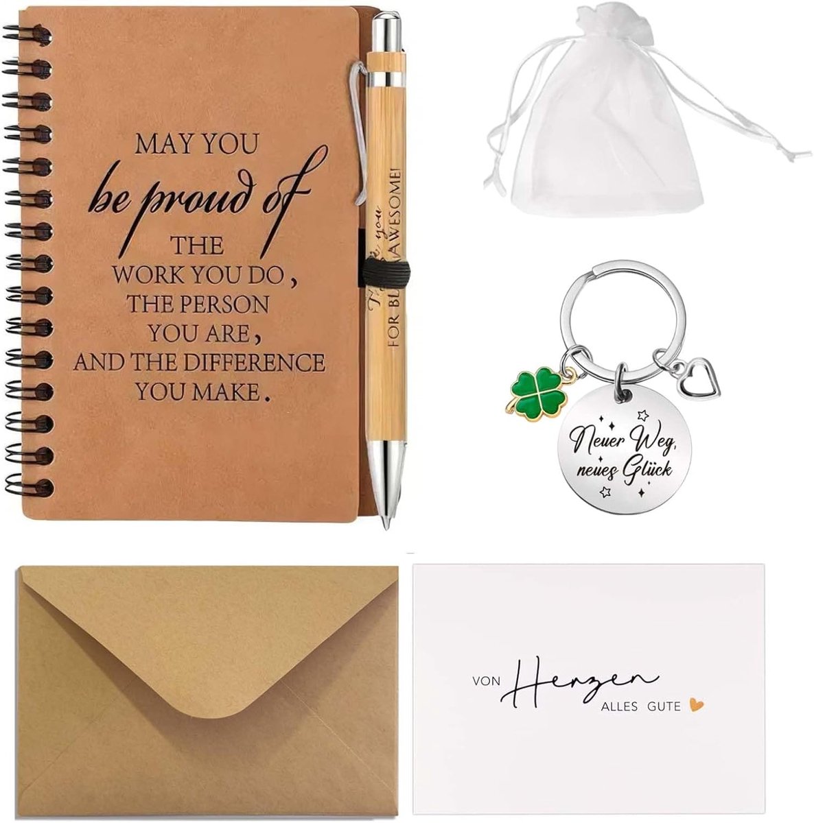 Cadeauset voor collega's, inclusief notitieboek, pen, envelop, kaart, sleutelhanger en geschenkzakje