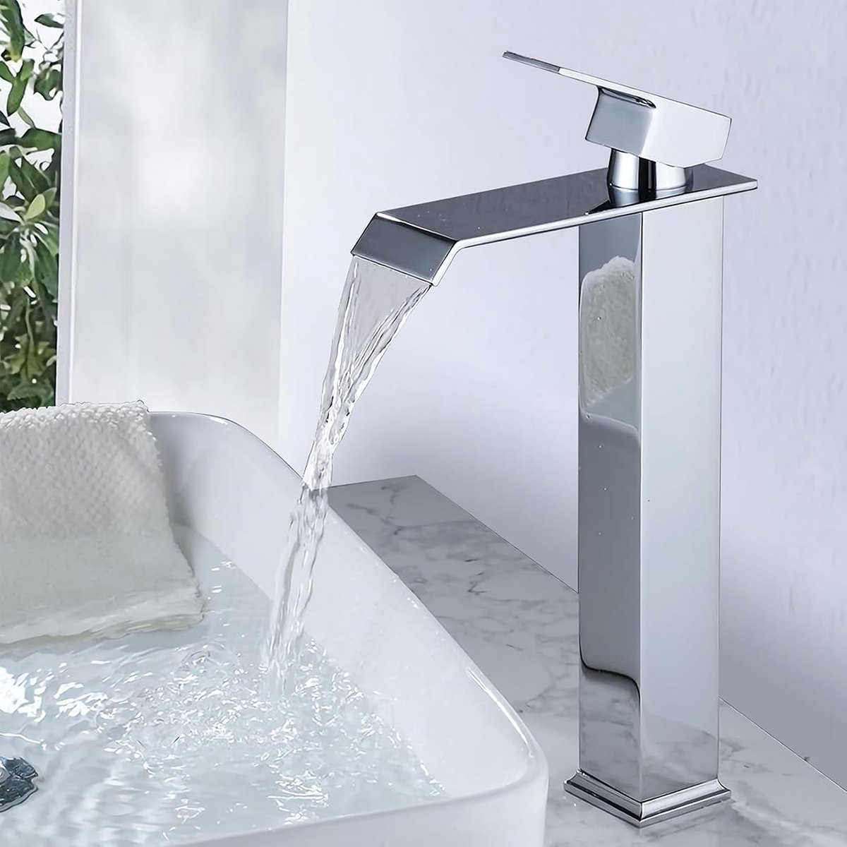 Watervalkraan voor badkamer, wastafelarmatuur, waterbesparend, wastafelkraan, warme en koude uitlaat, badkamerkraan van roestvrij staal en messing (chroom-H)