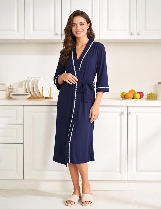 Badjas voor dames, lang, met kant, kimono, nachtkleding | Lichte en zachte damesbadjas met kanten details. Ideaal voor ontspannen ochtenden of gezellige avonden thuis. — afbeelding 4