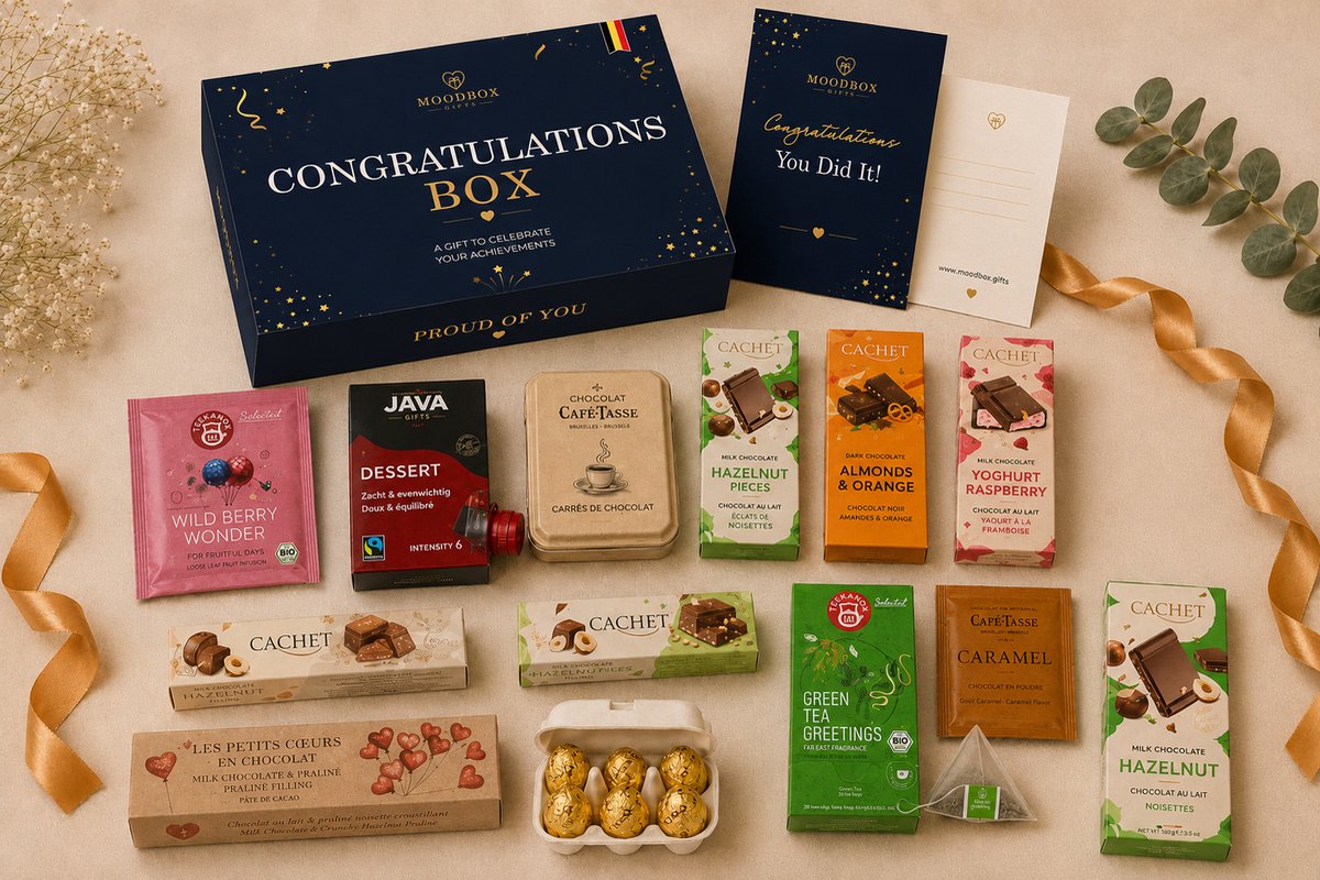 Luxe felicitatiecadeaubox – Belgische chocolade, koffie, thee & lekkernijen – Gepersonaliseerde wenskaart – Moodbox Gifts – Congratulations Box Prestige