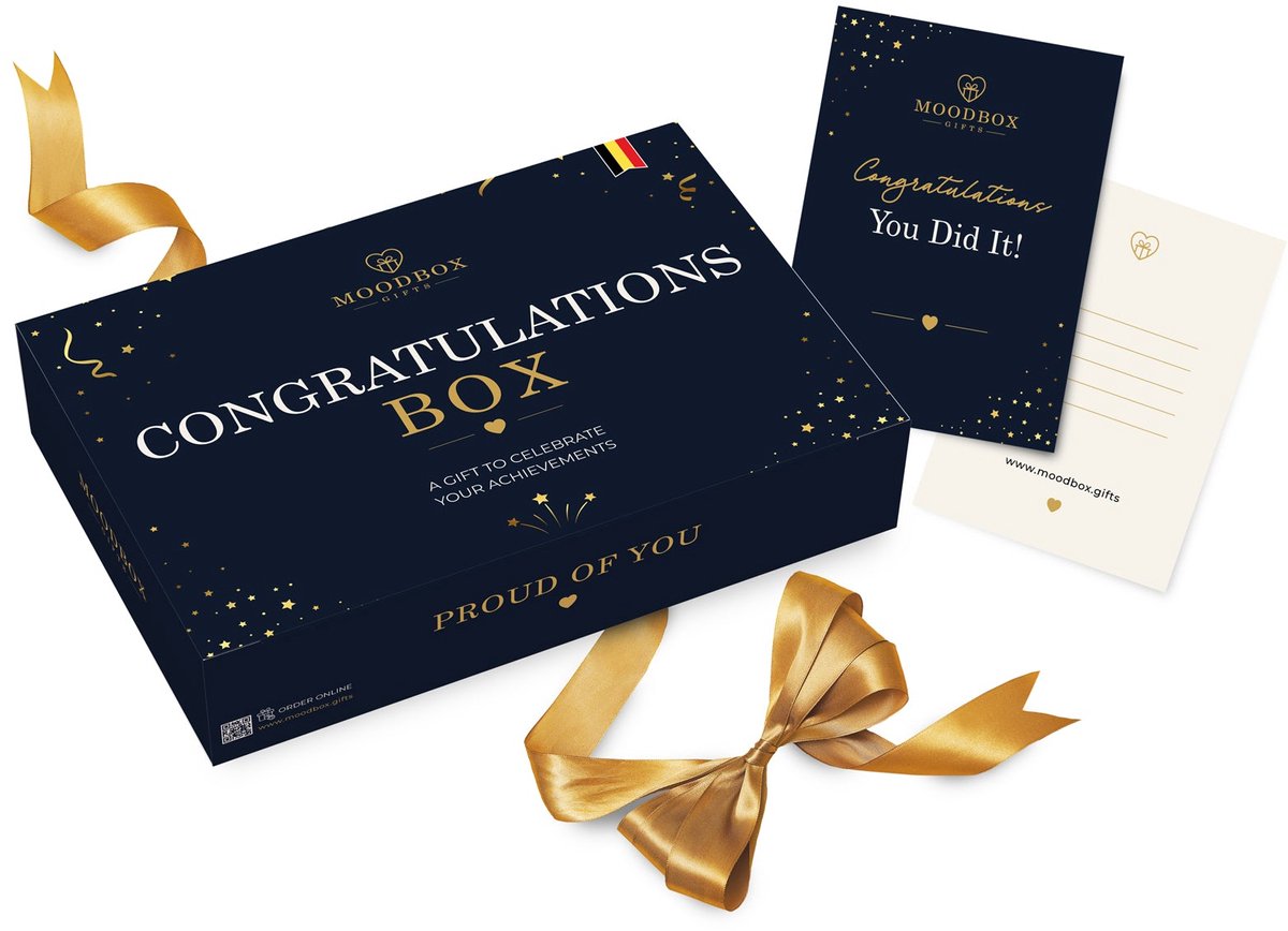 Moodbox Gifts - Congratulations Box Prestige - Luxe Belgisch Cadeaupakket met Chocolade, Koffie, Thee en Lekkernijen - Gepersonaliseerde Boodschapkaart