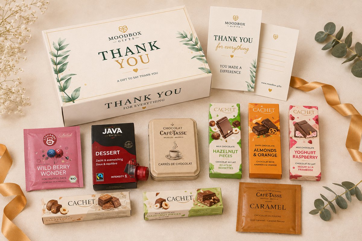 Luxe bedankcadeaubox – Belgische chocolade, koffie, thee & lekkernijen – Gepersonaliseerde wenskaart – Moodbox Gifts – Thank You Box Select