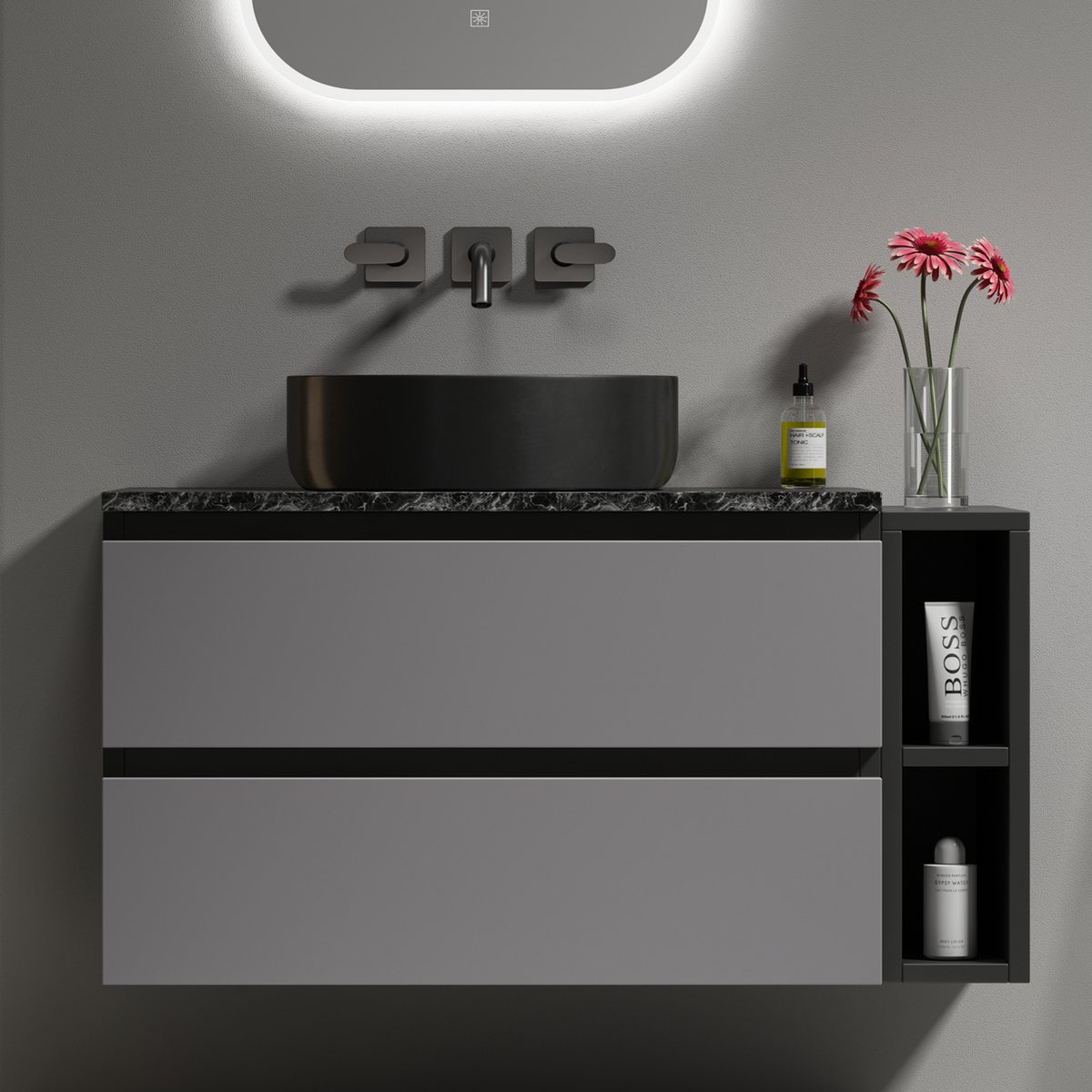 Hangend badkamermeubel met wastafel - Moderne opbergoplossing voor kleine badkamer - 80 cm breed - Zwart-grijs - Marmeren werkblad - Zwart rond keramisch bekken - Zachtsluitende lades