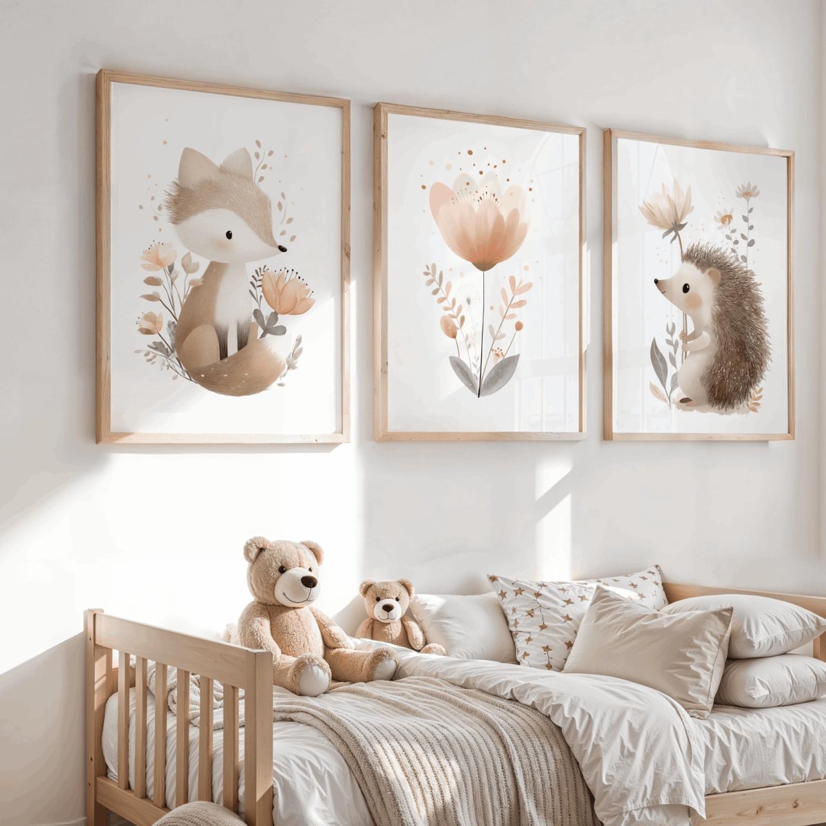Dailygoods- Posterset 3-delig - Wanddecoratie Kinderkamer - Bosdieren - Vos/Beer/Egel - A3 - Natuurlijke Illustraties