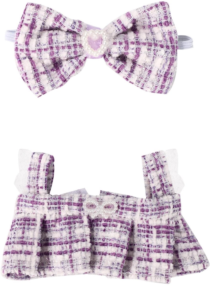Dailygoods- Poppenjurken Set van 2 - Elegante Tweedjurk 17 cm - Bijpassende Haarband - Chique Outfit - Polyester Materiaal - Pakket met 1 Jurk en 1 Boog - Poppenkleding