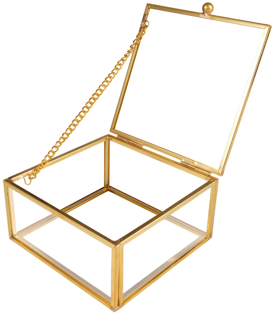 Dailygoods- Sieradendoos Gouden Vintage - Glazen Doos - Transparant Design - Compact 10x10x4,8 cm - Inclusief Sluiting/Ketting - Voor Sieraden/Geschenken - Sieradenbox