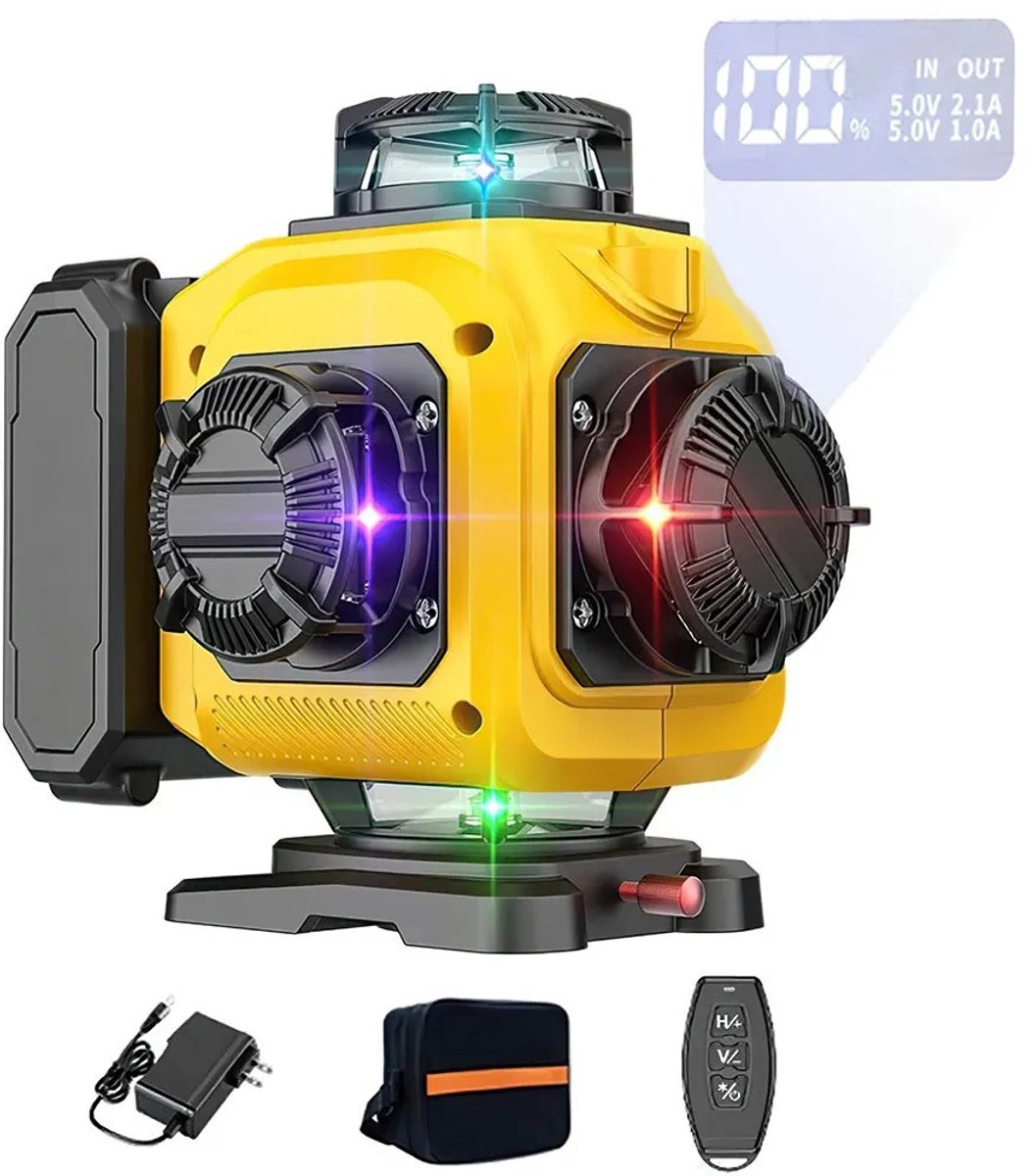 Velori 16-Lijns 4D Laserwaterpas – 360° Zelfnivellerende Kruislijn Laser – 4 Kleuren Groen/Blauw/Rood – Professioneel Meetgereedschap – Bouw & Tegelwerk Precisie 360°