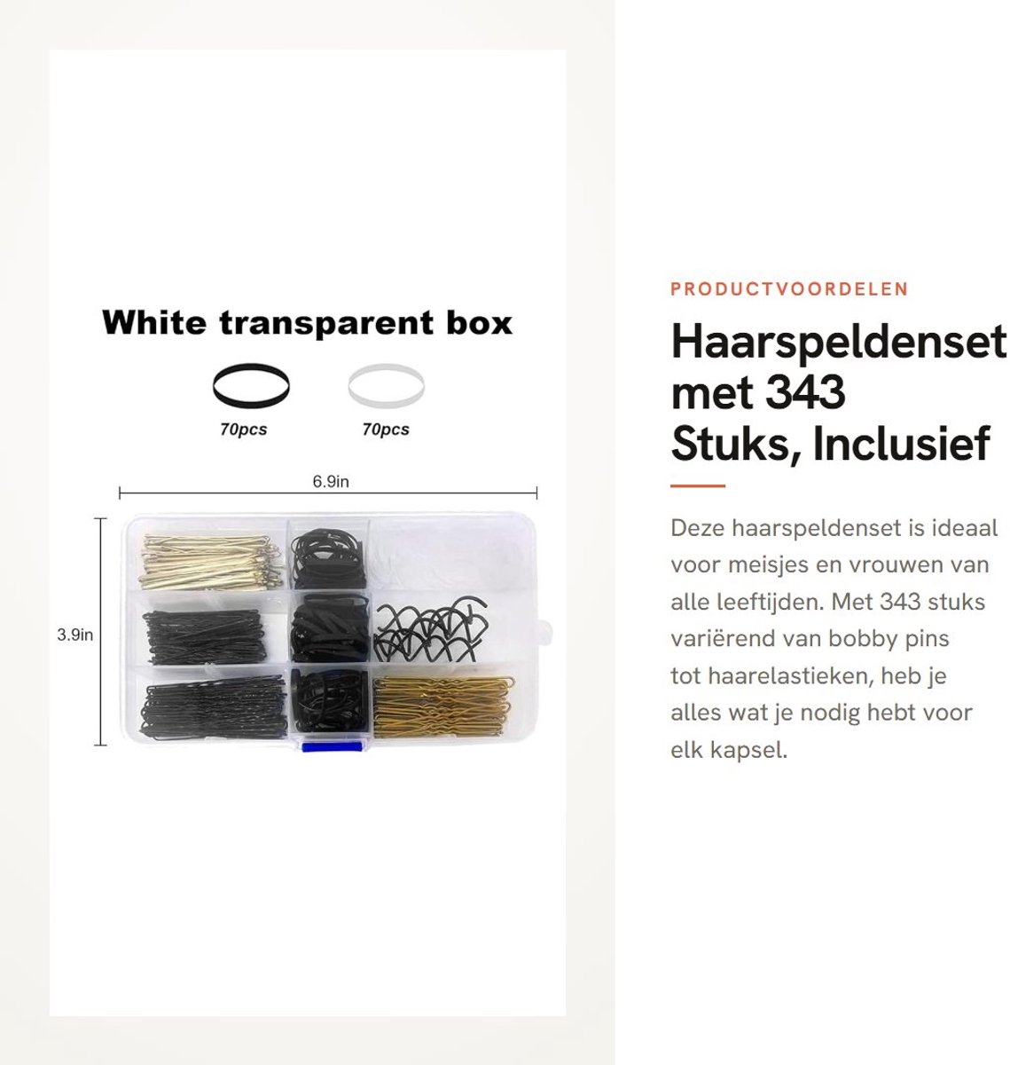 Dailygoods- Haarspeldenset 343 stuks - Bobby Pins / U-haarklemmen - Spiraalhaarspelden - Haarelastieken - Kapselaccessoires - Opbergdoos inbegrepen