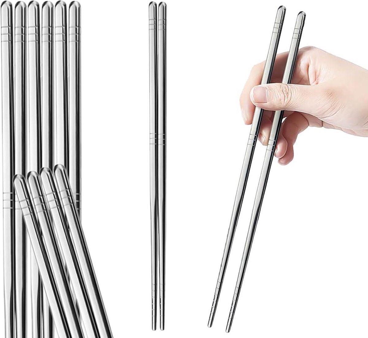 Dailygoods- Eetstokjes Roestvrij Staal - Set van 5 Stuks - Eetstokjes Kinderen - Eetstokjes Vaatwasserbestendig - Eetstokjes Hulpstuk - Geschikt voor Aziatische Keuken - Eetgerei