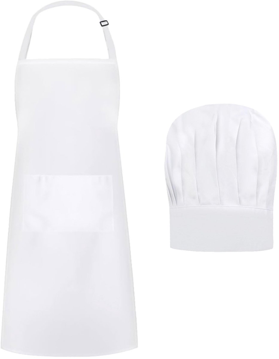 Dailygoods - Koksmuts en Schort Set - Verstelbare Wit Kookschort voor Thuis en Restaurant