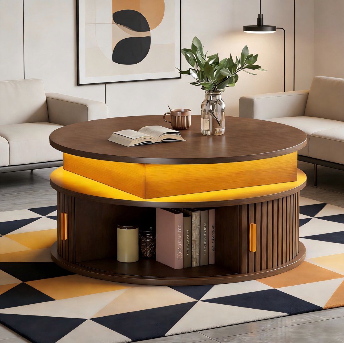 DESMIU Ronde Salontafel Met Verstelbare Hoogte En Ledverlichting Voor Woonkamer En Eetmomenten Walnoot MDF 75 Cm Notenhout