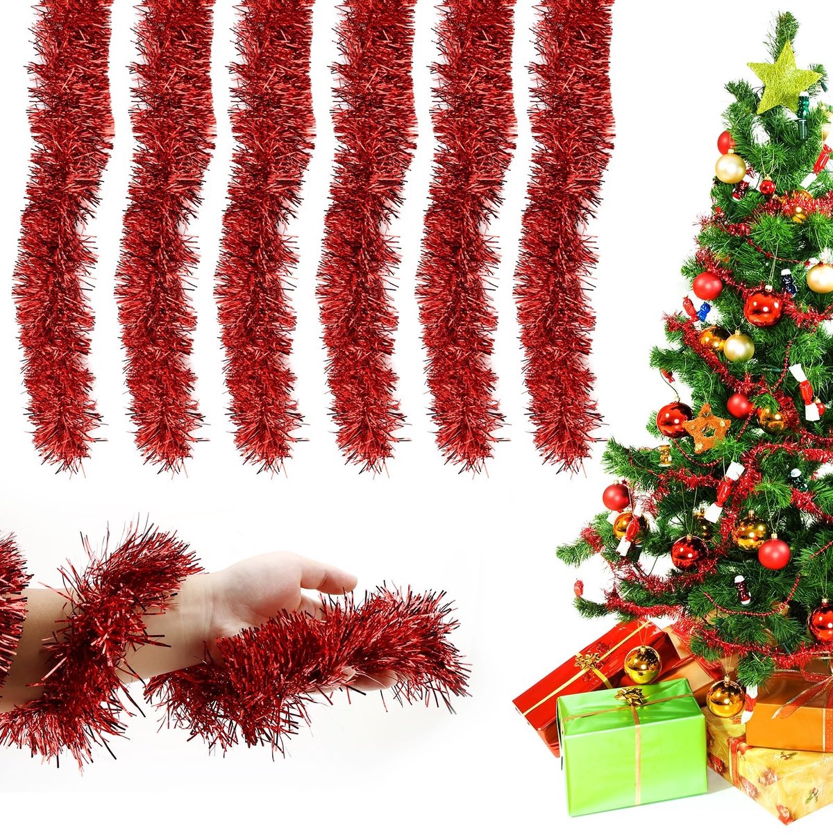 Dailygoods - Slinger met lametta - 6 stuks kerstboomdecoratie - 12 m