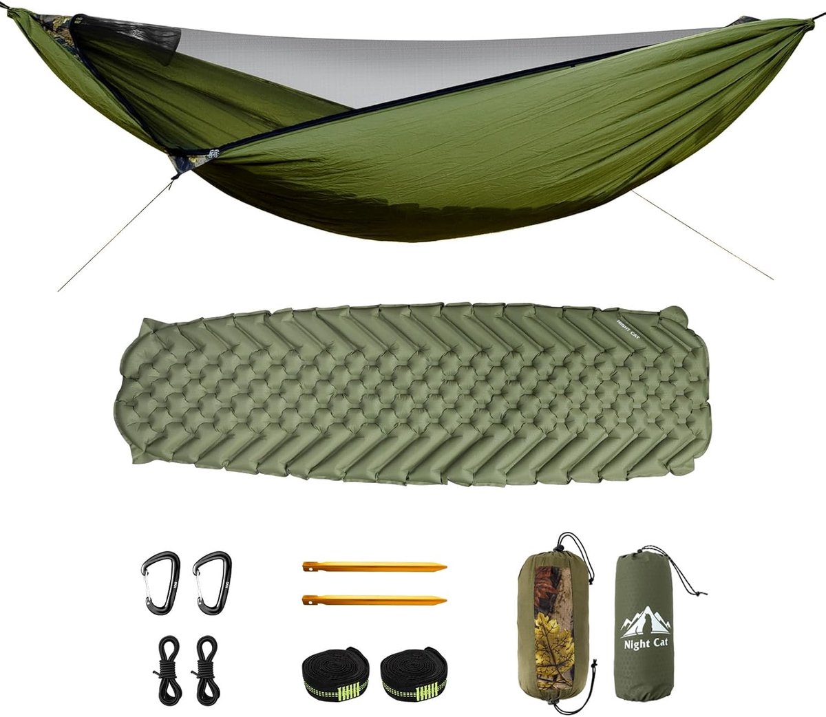 Night Cat Hangmat Outdoor met Muggennet: Kampeer Hangmat XXL Licht met Opblaasbare Isomat voor 1 Persoon voor Reis Trekken en Buiten