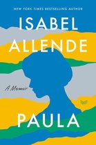 Couverture du livre 'Paula A Memoir' d'Isabel Allende avec une silhouette bleue de femme sur un fond de lignes ondulées jaunes, vertes et grises.