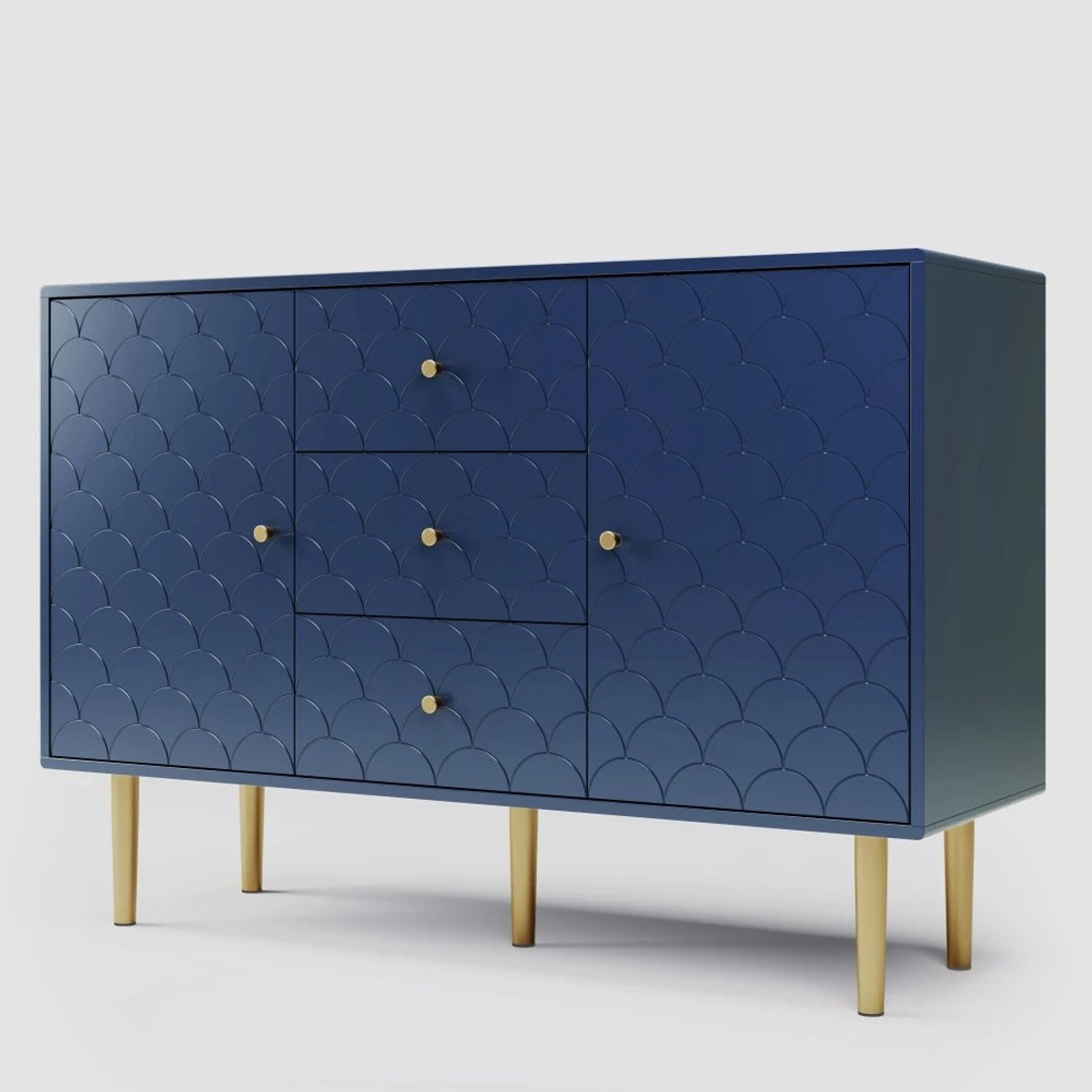Vécarti – Luxe Opbergkast – Marineblauw – 3 Laden – 2 Deuren – Gouden Handgrepen - Woonkamer - Slaapkamer - Schaalpatroon