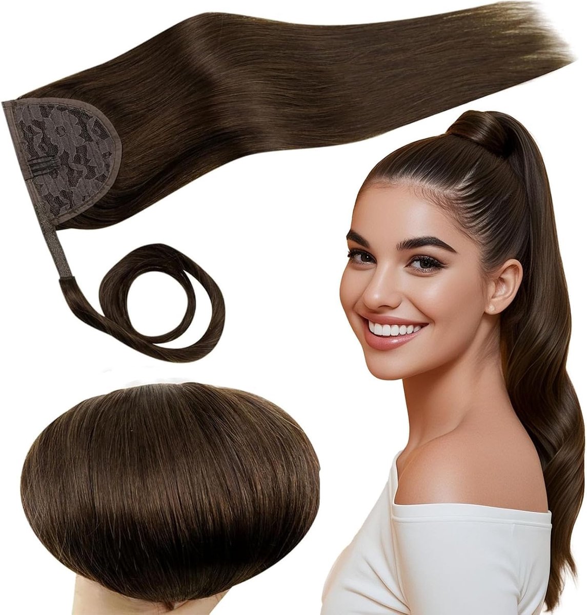 Dailygoods- Paardenstaart Extensions 12 Inch - Echt Menselijk Haar - Bruin #4 - 70g - Recht - Hoogwaardige Kwaliteit - Ponytail