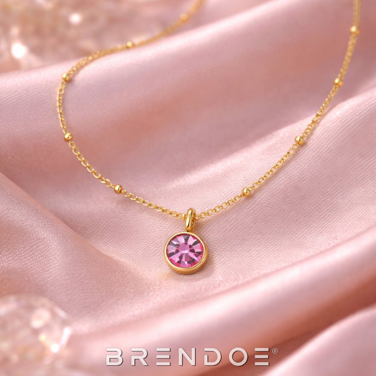 Brendoe Ketting met Roze Steen Dames – Goudkleurige Hangerketting RVS 14K Verguld – Afneembare Hanger – Minimalistisch Cadeau voor Haar