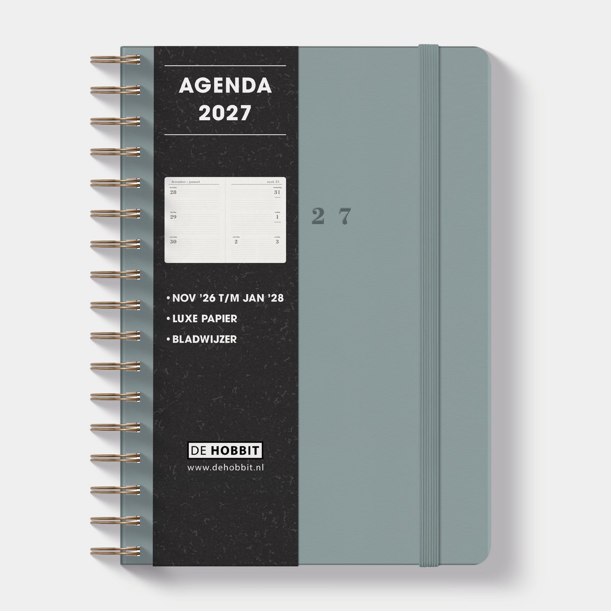 Hobbit - Luxe Agenda 2027 - A5 (14,8 x 21 cm) - 1 week op 2 pagina's - Harde Kaft - Ringband Agenda - Suèdelook Grijsblauw