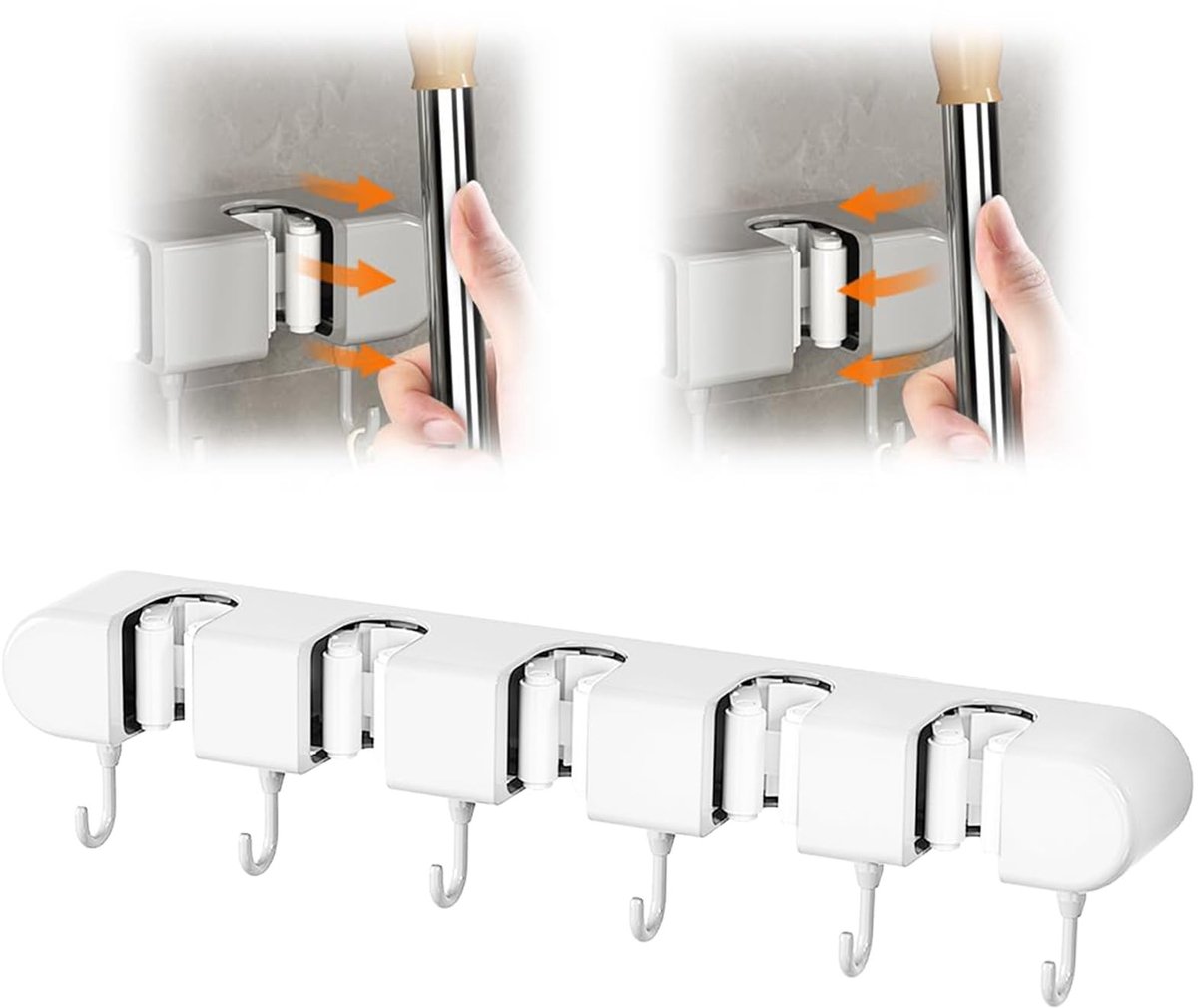 Dailygoods- Bezemhouder met 5 Clips - Wandmontage - 6 Haken - Antislip Siliconen - Multifunctionele Dweilhouder - Voor Tuingereedschap - Gereedschapshouder
