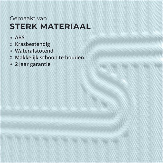 Close-up van het sterke ABS-materiaal van de lichtblauwe koffer met S-logo, waterafstotend en krasbestendig.