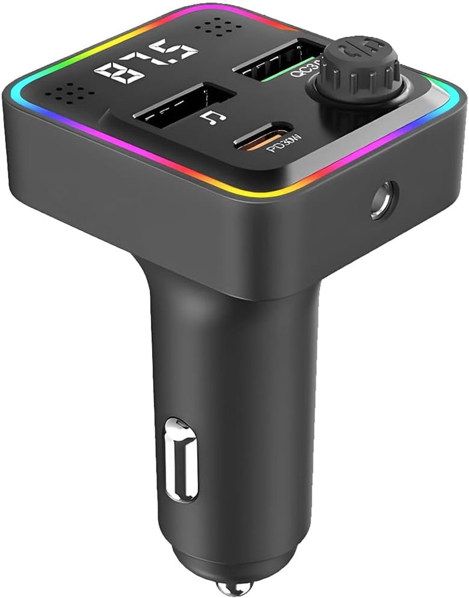 Bluetooth 5.3 FM-zender Autolader – PD30W USB-C + QC3.0 Snelladen – 7-kleuren Sfeerverlichting – Handsfree Bellen – Dubbele USB-poorten – Universele 12-24V Auto Compatibiliteit