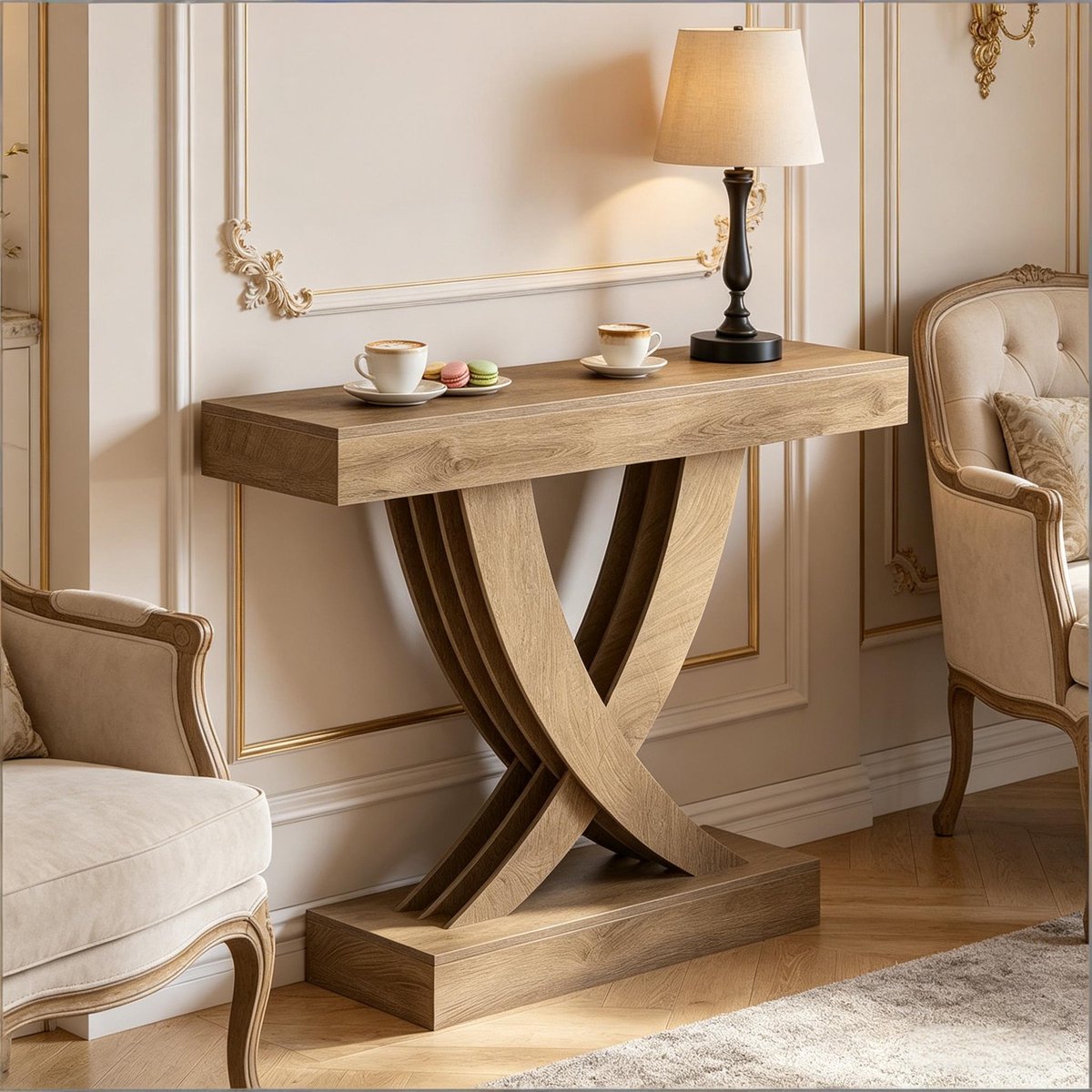 STILVORA Consoletafel - Rustieke Sidetable Met X Onderstel - Voor Hal En Woonkamer - MDF - 110 Cm - Bruin Wit En Goud