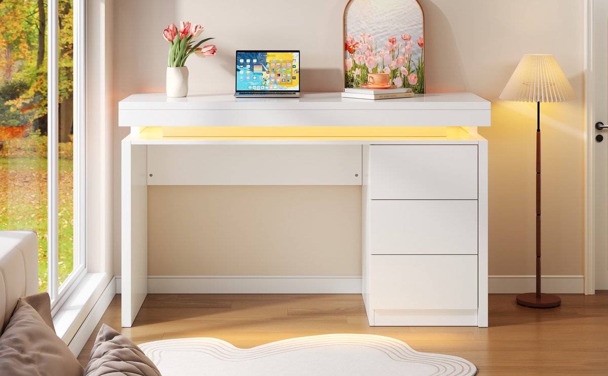 LED Bureau Met Lades - Computer Bureau Wit MDF 120x50x78 Cm N880 Gaming Bureau Met Verlichting