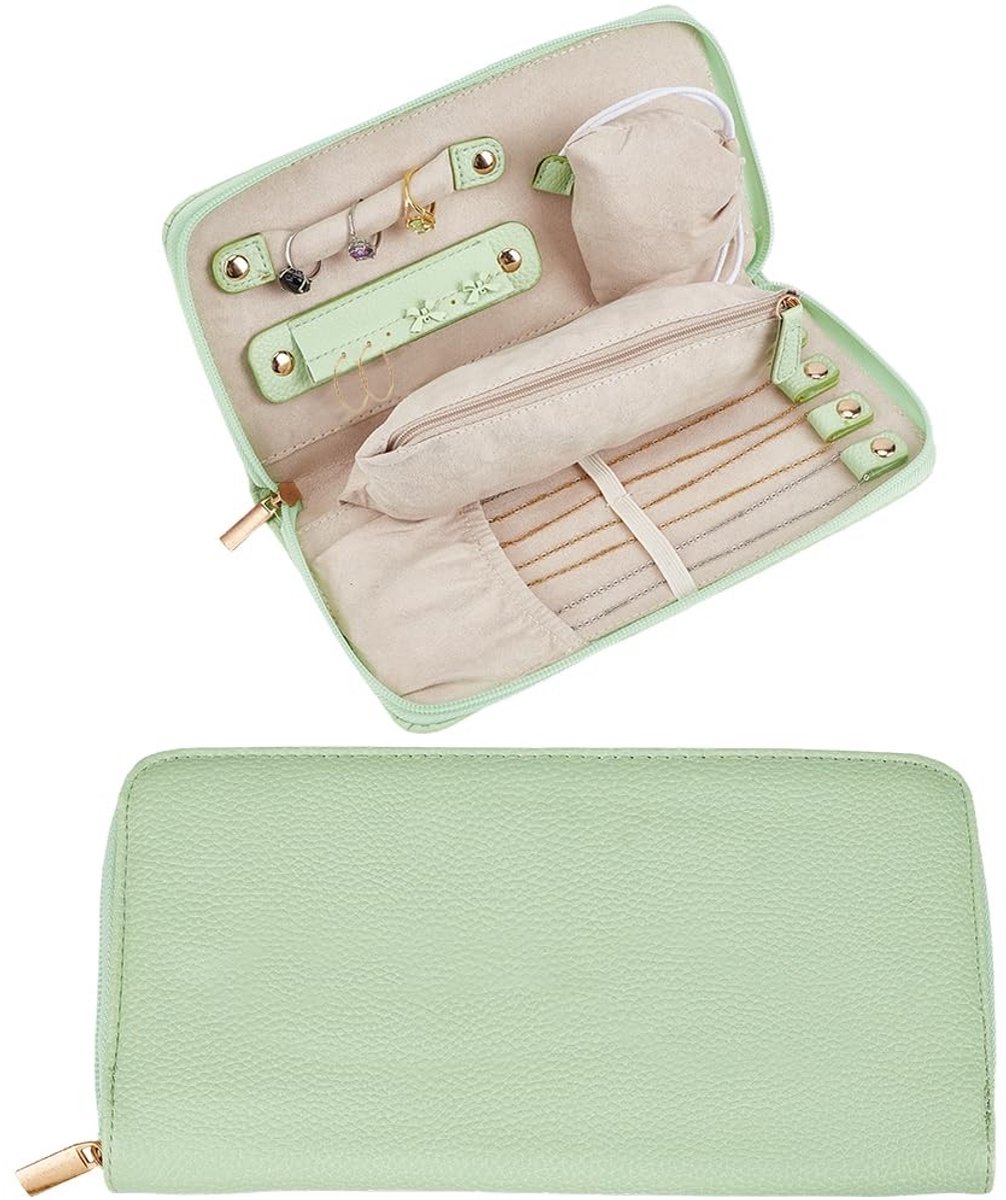 Dailygoods - Sieradenetui van PU-leer voor reizen draagbare lederen sieradentas multifunctionele oorbel opbergtas met ritssluiting voor damesarmbanden en ringen (groen)