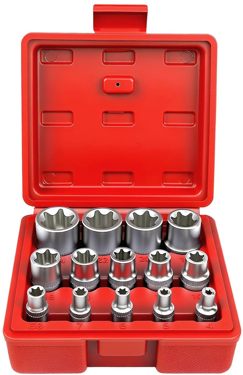 Dailygoods- Dopsleutelset 14-delig - E-Torx - Chroom-vanadium-staal - Aandrijvingsgrootte 1/4", 3/8", 1/2" - Harde kunststof koffer - Ideaal voor onderhoud en reparatie - Dopsleutels