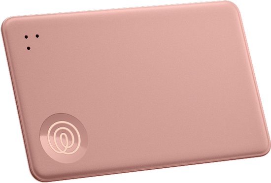 Rosegouden Tile Slim tracker, dun en rechthoekig, op een witte achtergrond.
